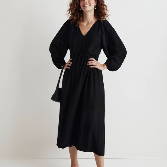 Madewell Flowy V-Neck Empire Waist Midi Dress in Black - Picture 1 of 7